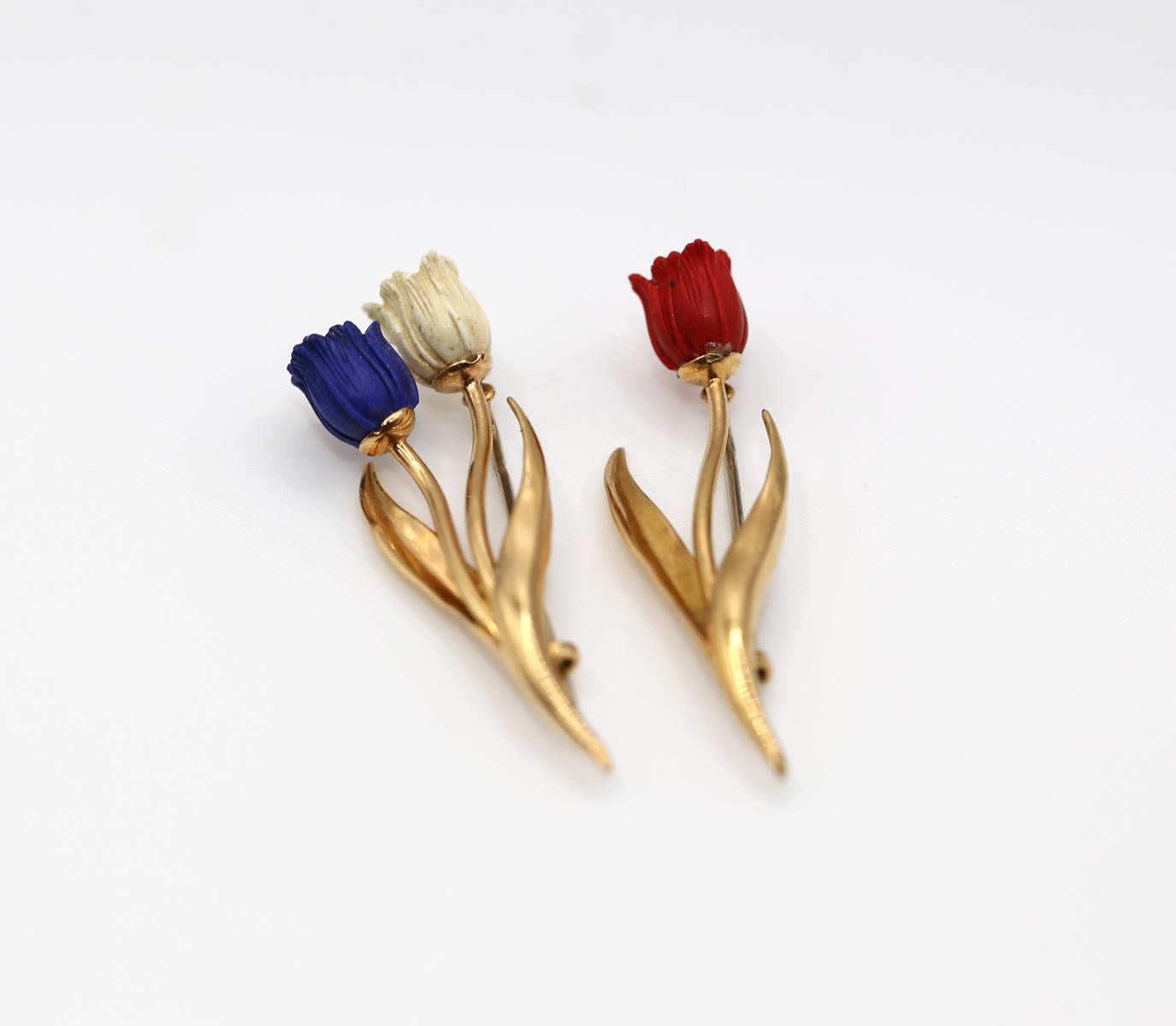 Fred Paris Lapis White Red Tulips 18K Yellow Gold Brooches French Flag, 1970 For Sale 4