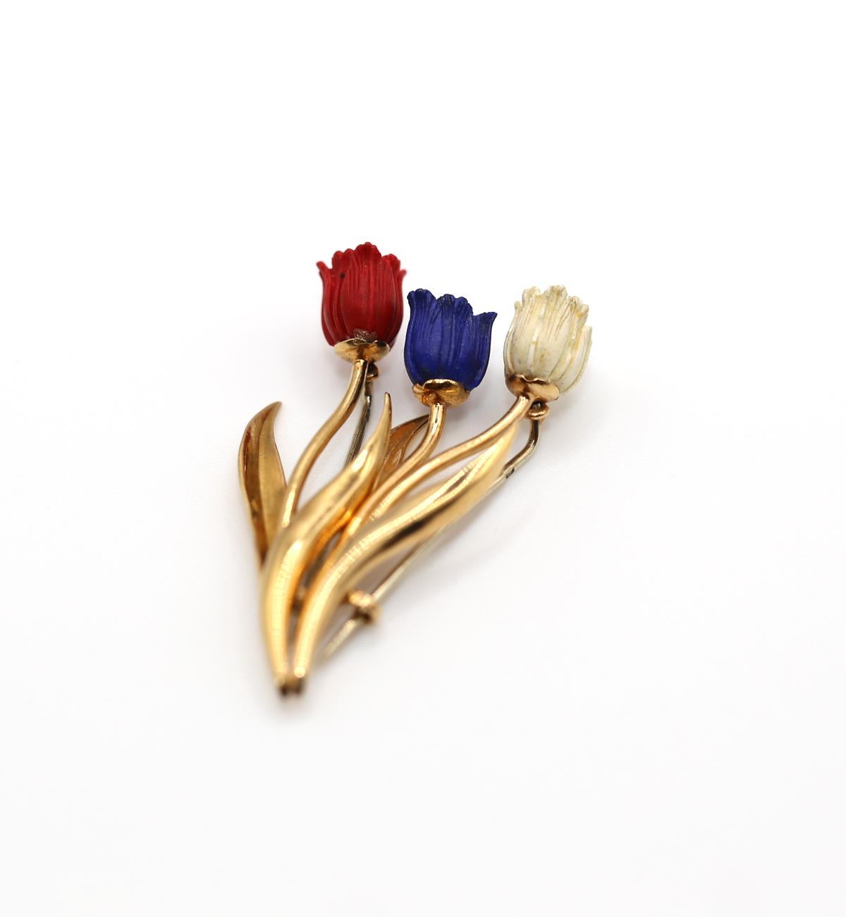 Fred Paris Lapis White Red Tulips 18K Yellow Gold Brooches French Flag, 1970 For Sale 5