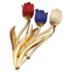 Vintage Fred Paris Lapis White Red Tulips 18K Yellow Gold Brooches French Flag, 1970
