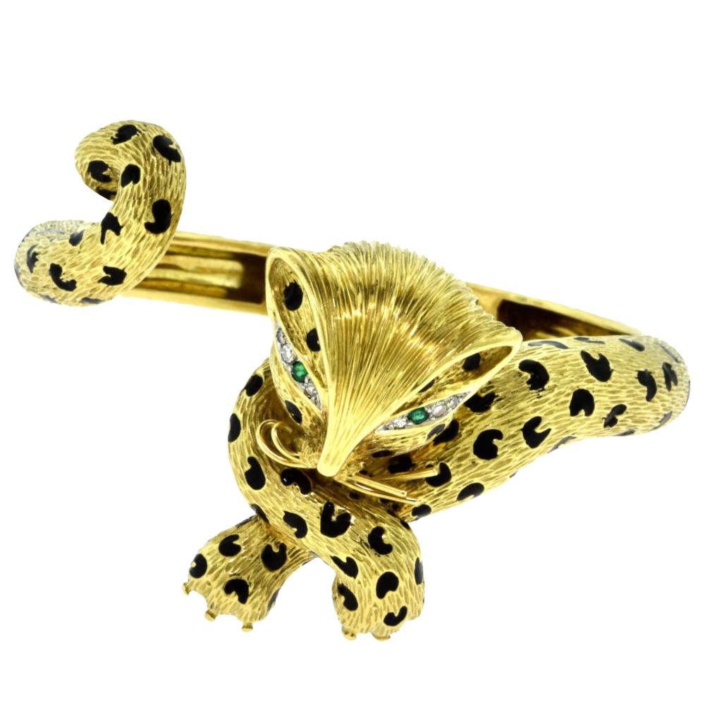 Fred Paris Leopard Bangle in Yellow Gold with Emeralds and Diamonds