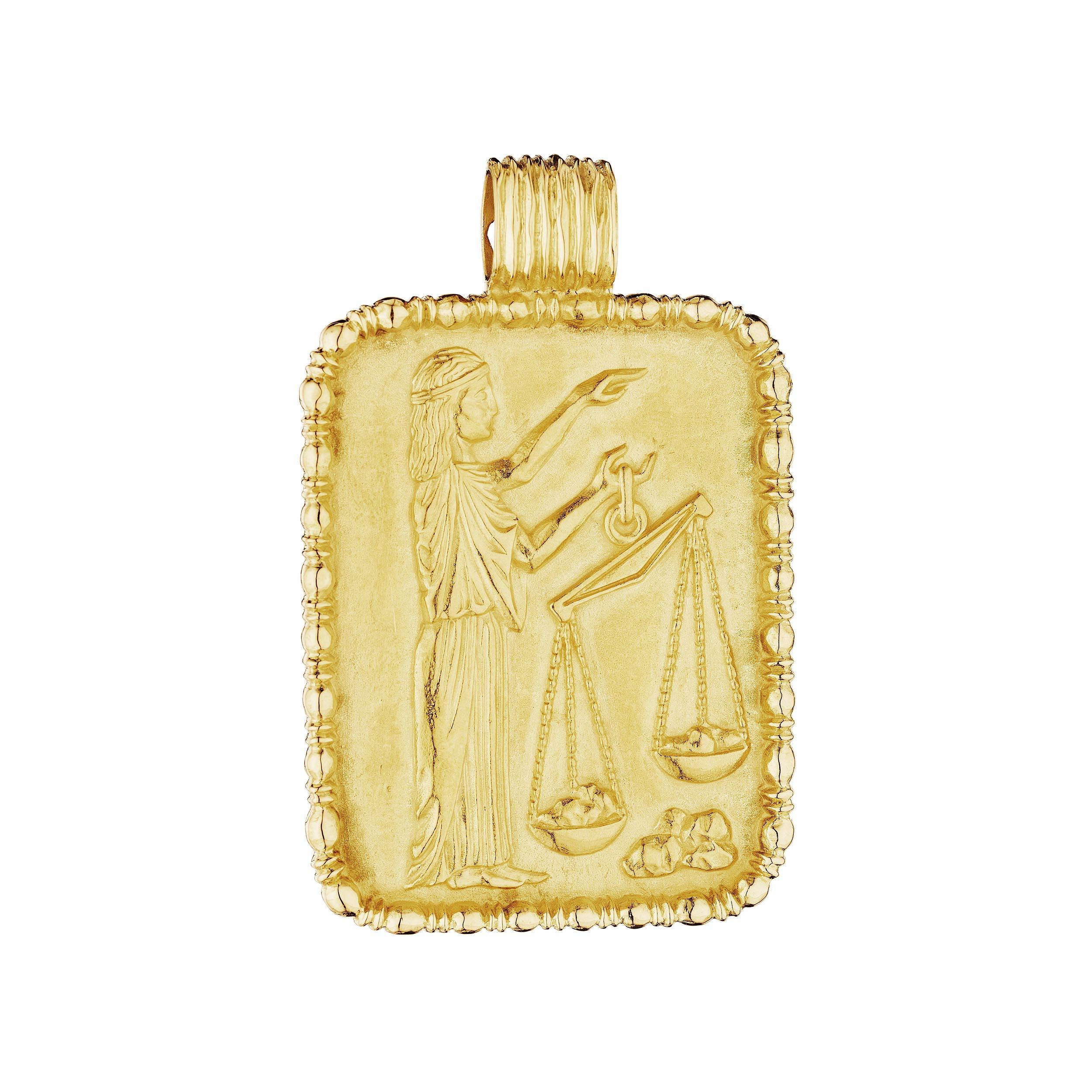 The zodiac sign libra symbolizes balance and harmony, and this Fred Paris modernist libra rectangular pendant will keep you both steady and tranquil.  With a wonderful two-dimensional portrait of the libra goddess and her balancing scale on the