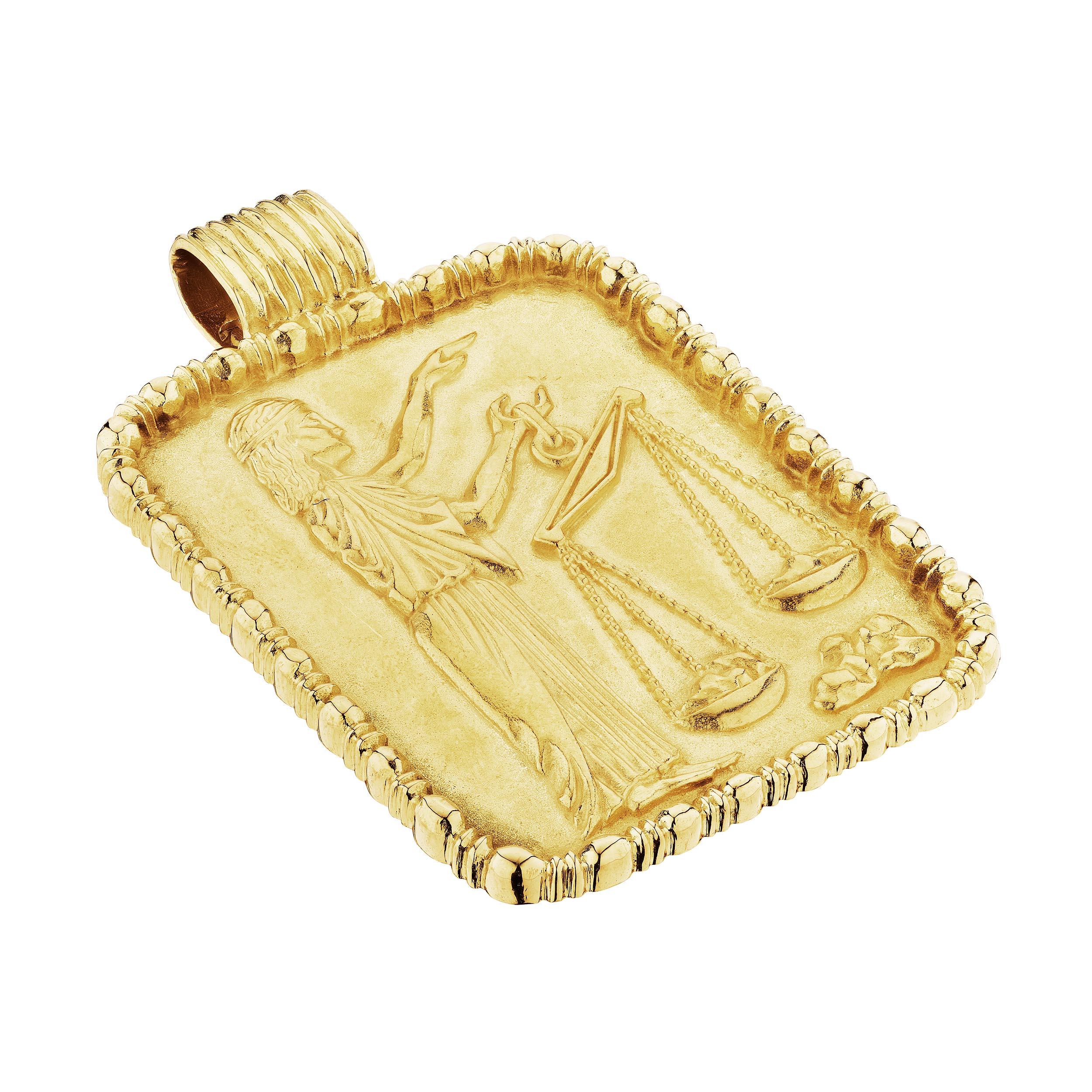 Fred Paris Libra Zodiac Modernist Gold Pendant In Excellent Condition For Sale In Greenwich, CT