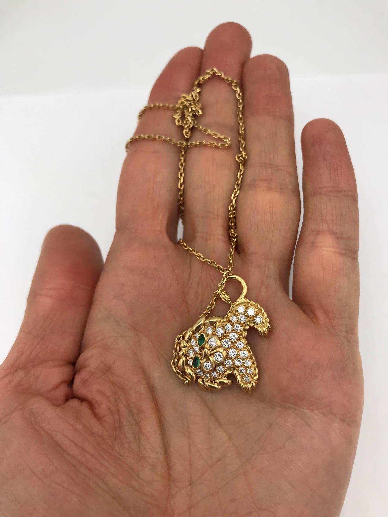 Mixed Cut Fred Paris Necklace Leo Pendant Gold Diamond Emerald For Sale