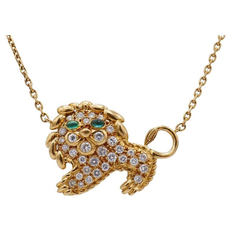 Fred Paris Necklace Leo Pendant Gold Diamond Emerald For Sale