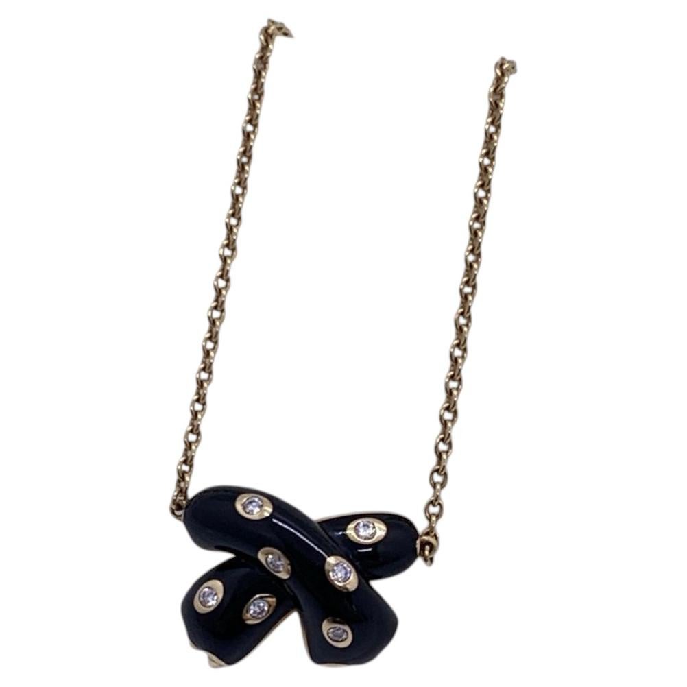 Pre-owned Fred Paris Ombre Feline 18k Yellow Gold Black Lacquer Diamond Necklace