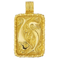 Fred Paris Pisces Zodiac Vintage Small Gold Rectangular Plaque Pendant