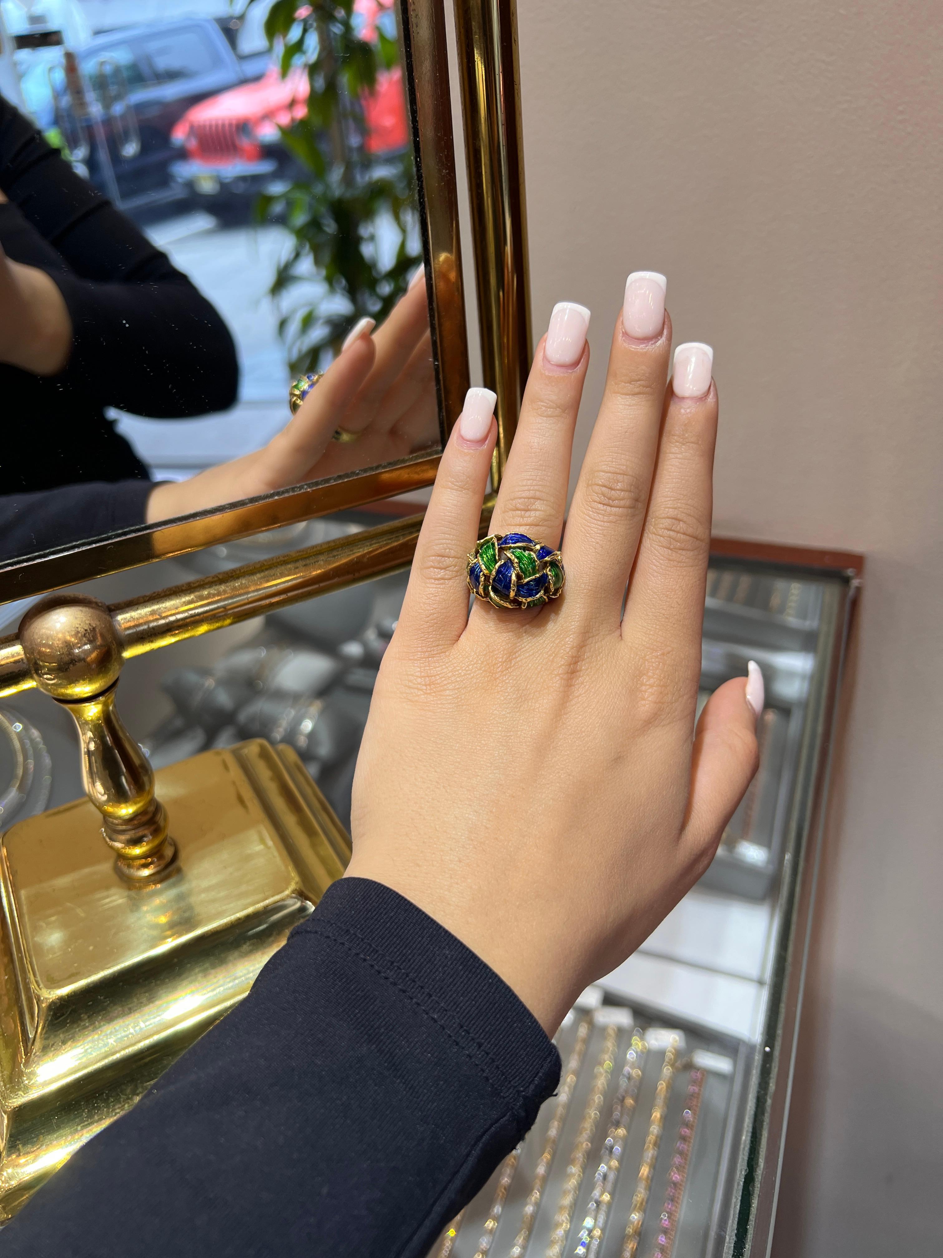 Signed FRED-PARIS. 
Immaculate Classic Blue Green Enamel Fred-Paris Domed Weave Ring. Made of 18k (750 hallmark), made in France. Whimsical creation is made with fine royal blue and emerald green enamel. The ring features a dome shape and basket