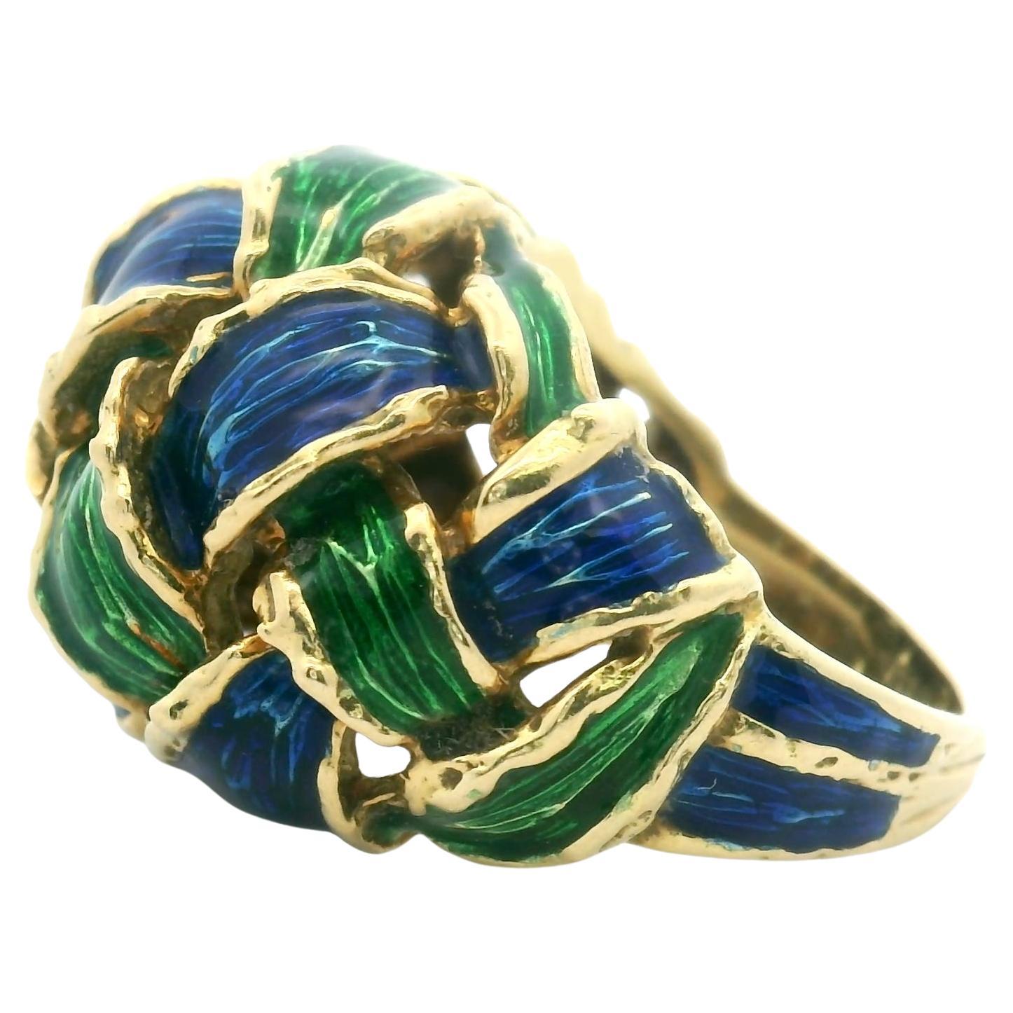 Fred Paris Ring Blue and Green Enamel Handmade 18k yellow Gold RIng France 1960