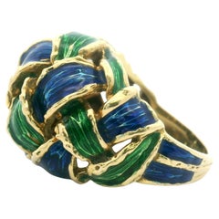 Fred Paris Ring Blue and Green Enamel Handmade 18k yellow Gold RIng France 1960