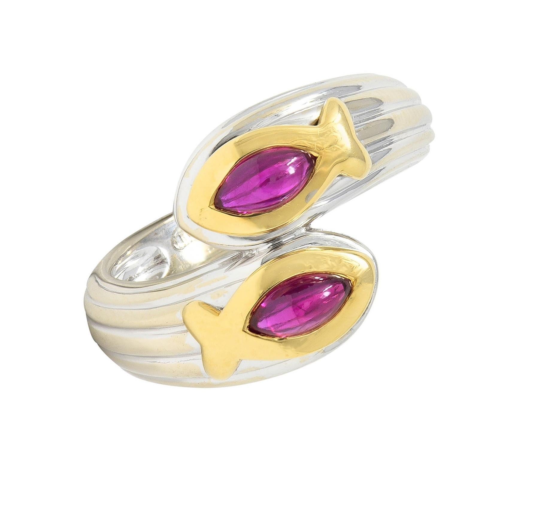 Fred Paris Ruby 18 Karat Two-Tone Gold Fish Pisces Zodiac Vintage Bypass Ring For Sale 6