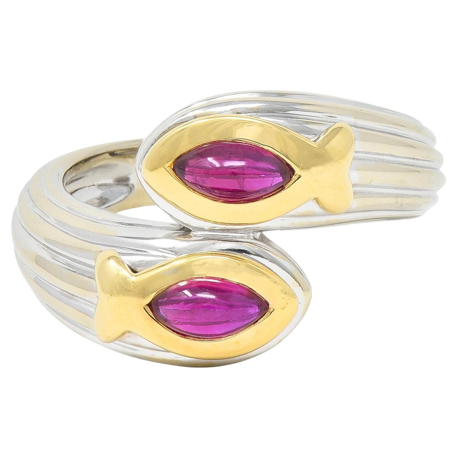 Fred Paris Ruby 18 Karat Two-Tone Gold Fish Pisces Zodiac Vintage Bypass Ring For Sale