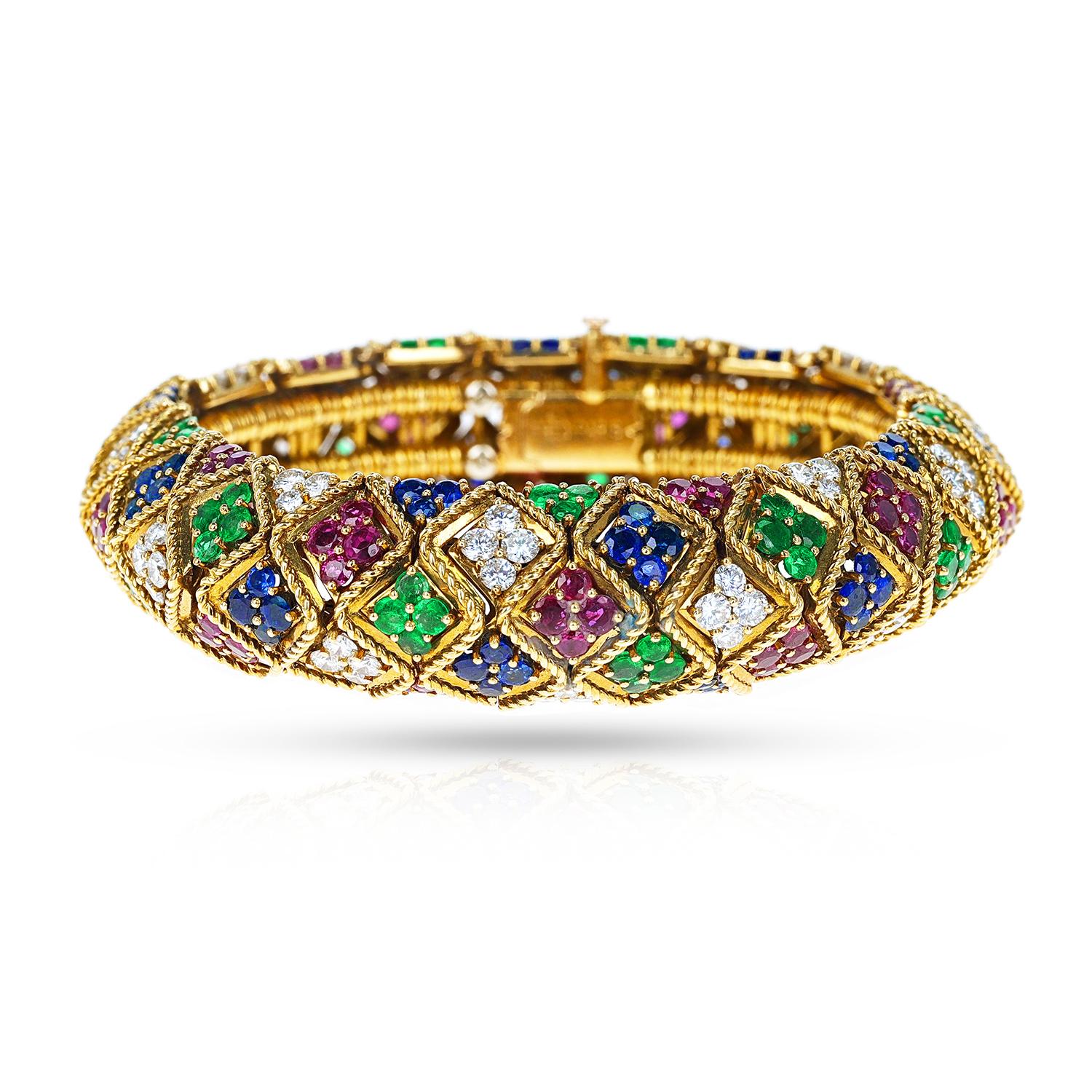 Round Cut Fred Paris Ruby, Emerald, Sapphire and Diamond Bangle and Earring Set, 18k For Sale