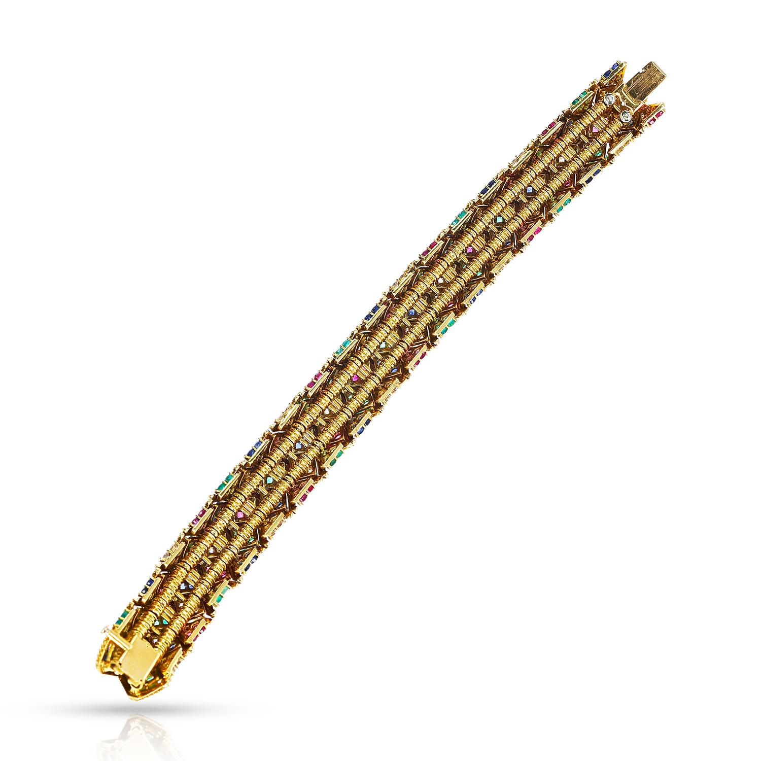 Fred Paris Ruby, Emerald, Sapphire and Diamond Bangle and Earring Set, 18k For Sale 1