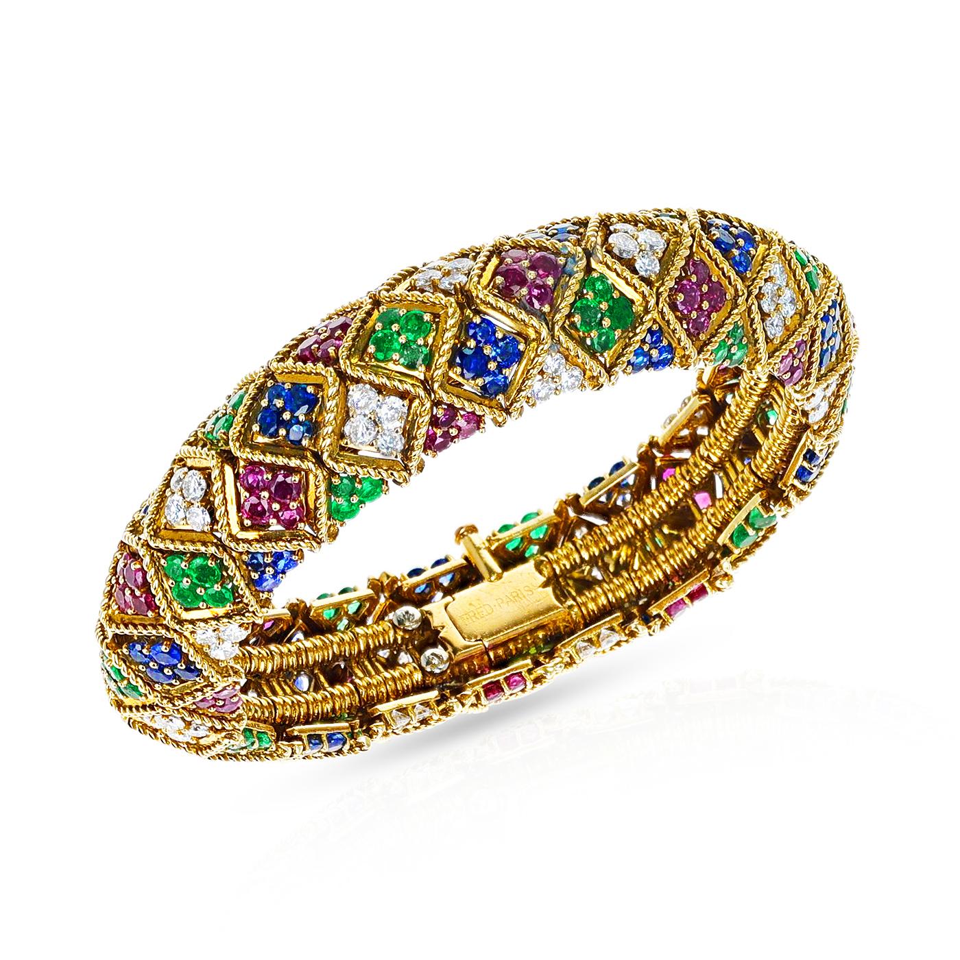 Fred Paris Ruby, Emerald, Sapphire and Diamond Bangle and Earring Set, 18k For Sale 3