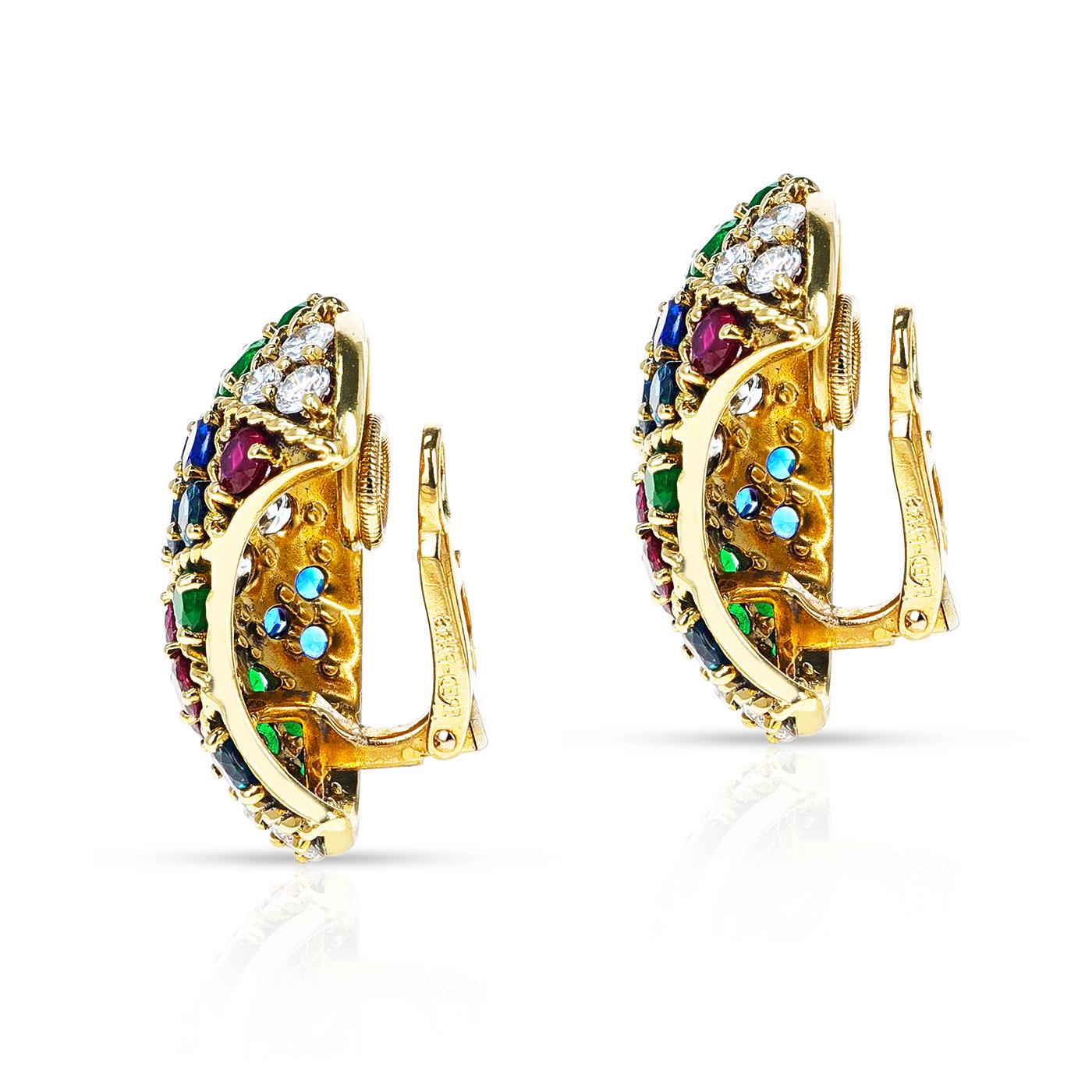 Fred Paris Ruby, Emerald, Sapphire and Diamond Bangle and Earring Set, 18k For Sale 5