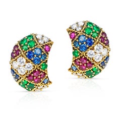 Fred Paris Ruby, Emerald, Sapphire and Diamond Bangle and Earring Set, 18k