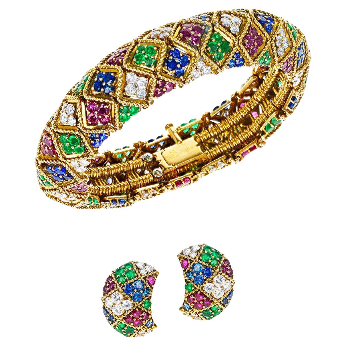 Fred Paris Ruby, Emerald, Sapphire and Diamond Bangle and Earring Set, 18k For Sale
