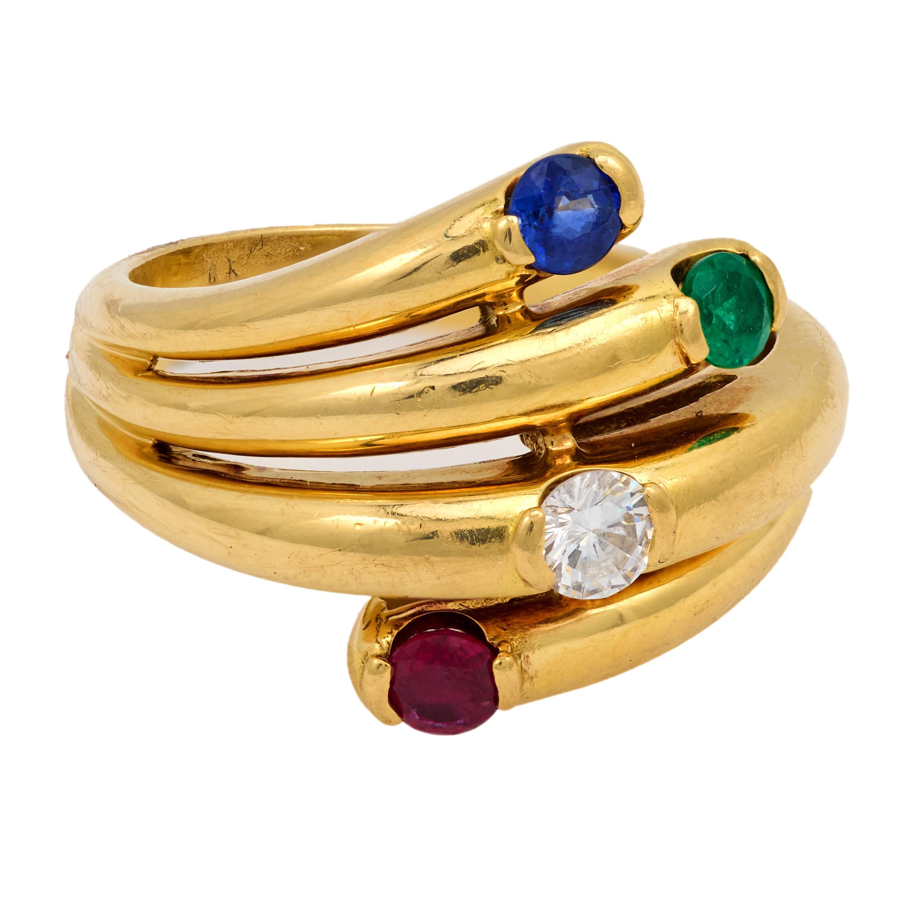 Modern Fred Paris ruby emerald sapphire diamond 18k yellow gold ring For Sale