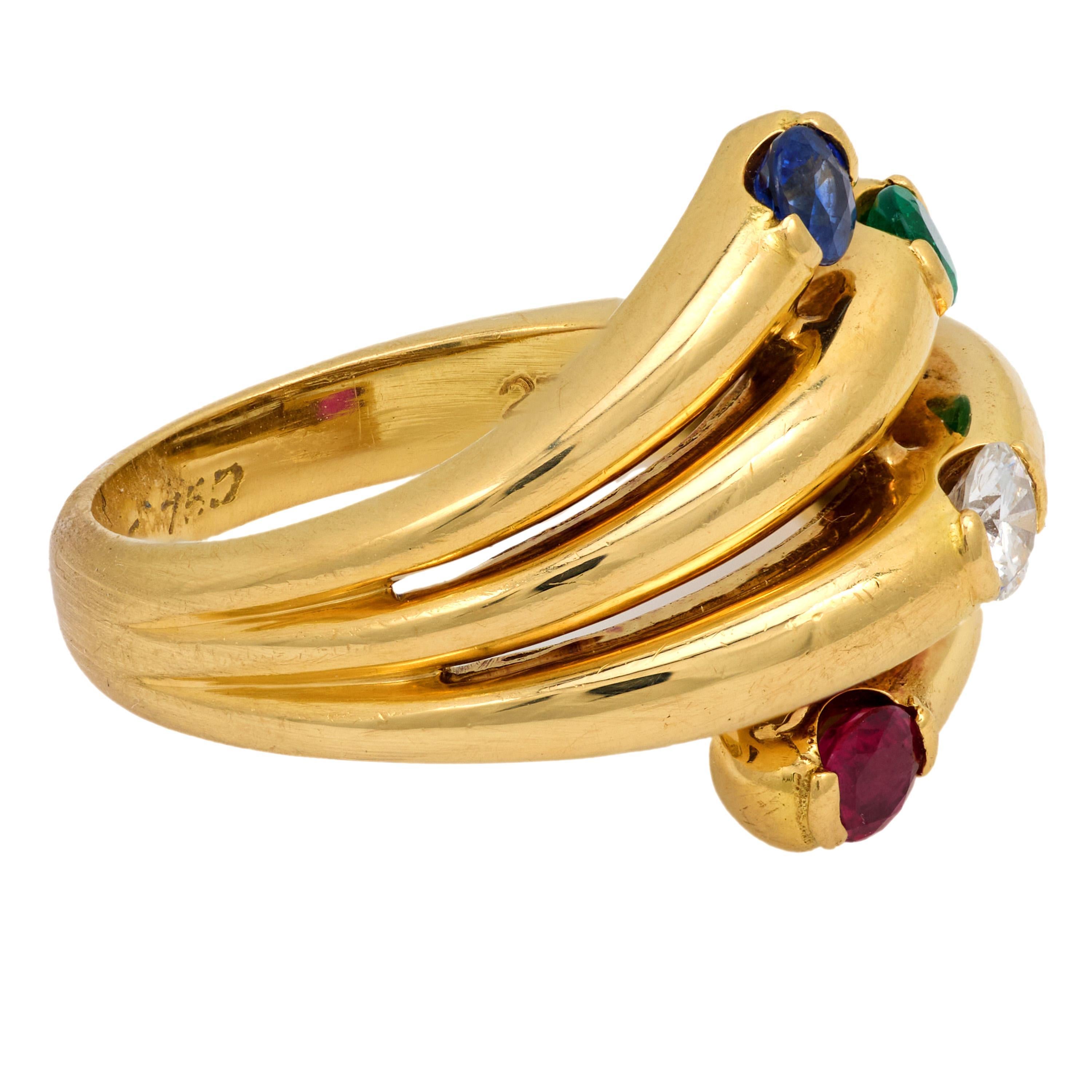 Fred Paris ruby emerald sapphire diamond 18k yellow gold ring In Good Condition For Sale In Beverly Hills, CA