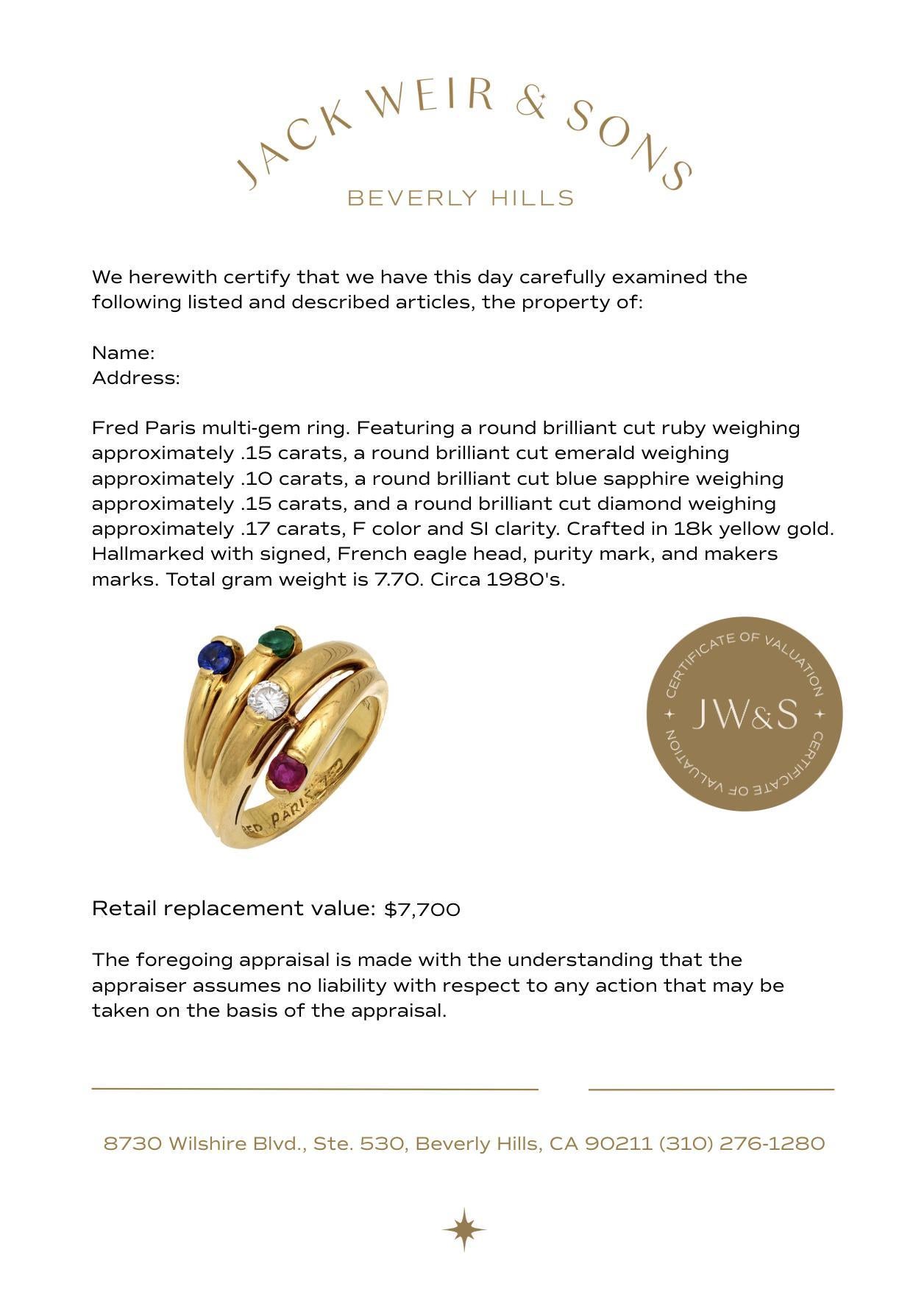 Women's Fred Paris ruby emerald sapphire diamond 18k yellow gold ring For Sale