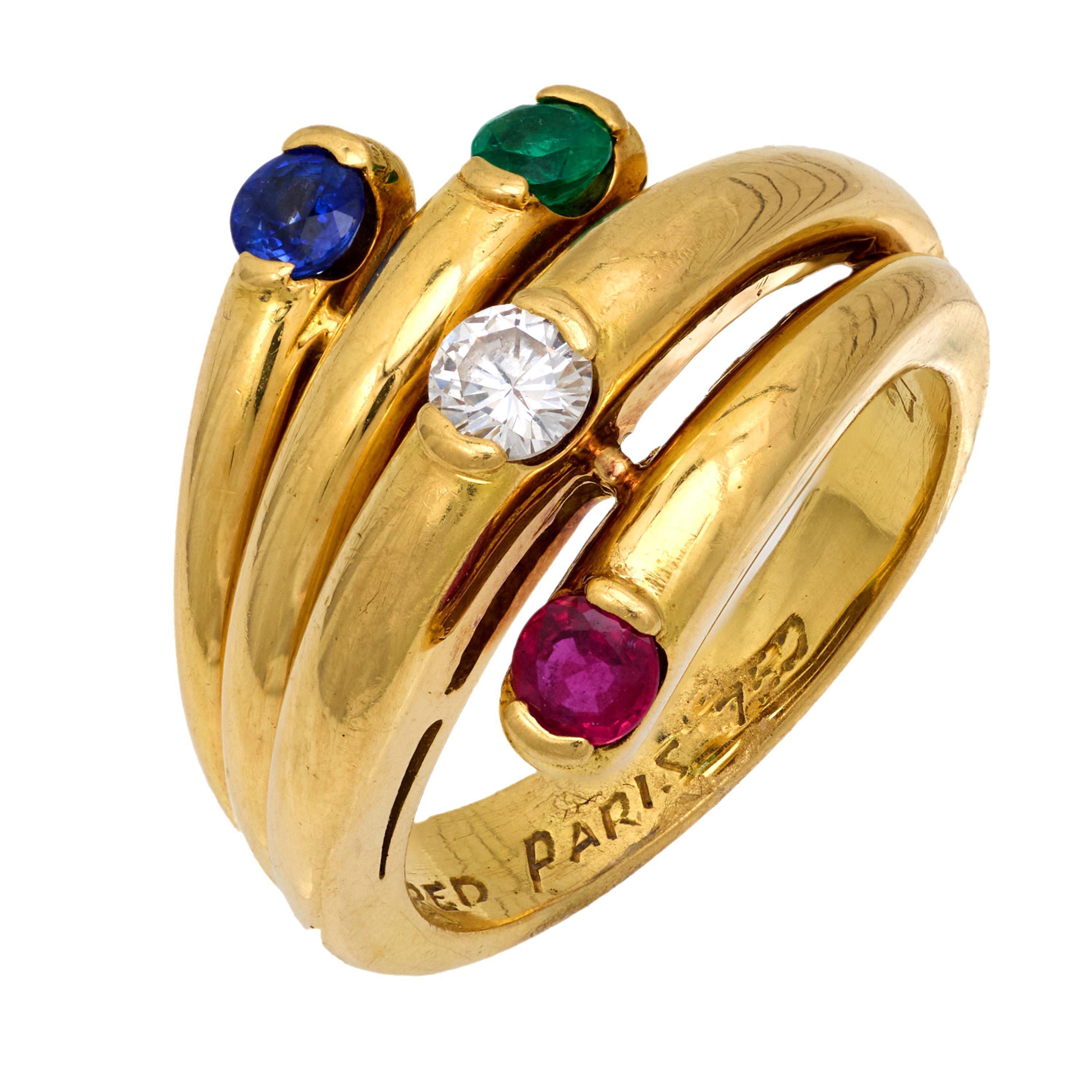 Fred Paris ruby emerald sapphire diamond 18k yellow gold ring