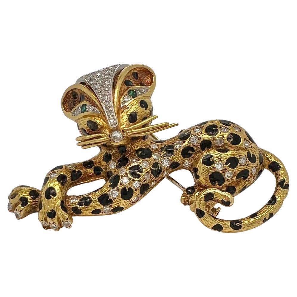 Vintage Snow Leopard Brooch Pin Gold Plate Signed K.mai Rhinestone Red...
