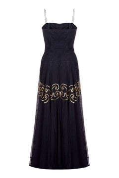 Fred Perlberg 1940s Black and Gold Evening Dress with Matching Gloves