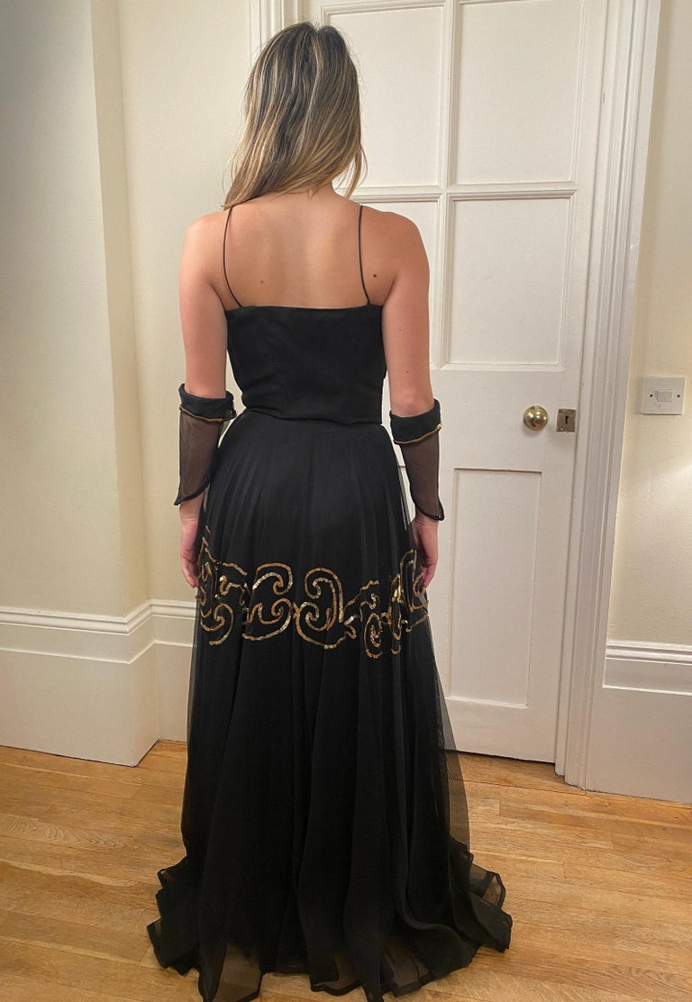 Fred Perlberg 1940s Black and Gold Evening Dress with Matching Gloves For Sale at 1stDibs Fred Perlberg 1940s Black and Gold Evening Dress with Matching Gloves For Sale at 1stDibs