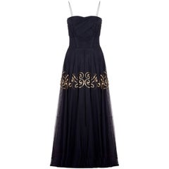Fred Perlberg 1940s Black and Gold Evening Dress with Matching Gloves