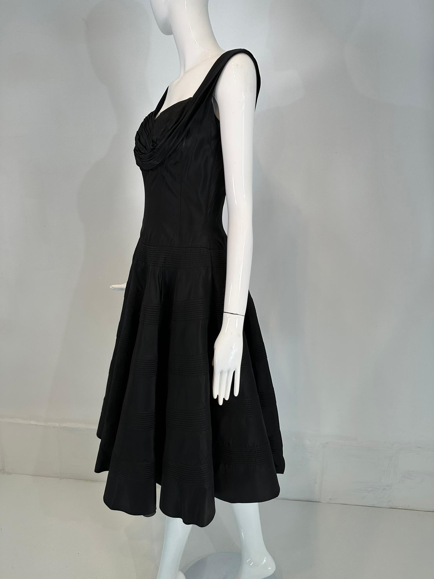 Fred Perlberg 1950s Black Taffeta Scoop Bodice Quilted Full Skirt Evening Dress For Sale 8