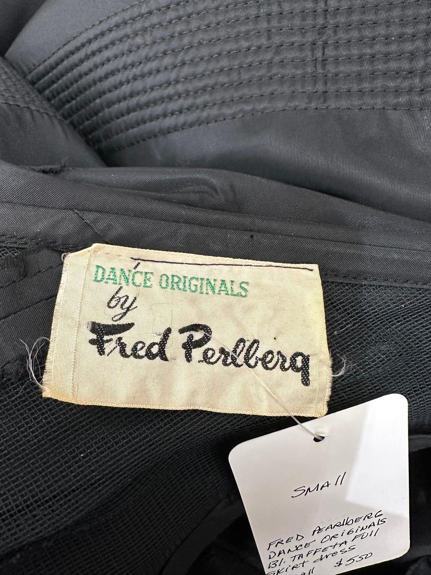 Fred Perlberg 1950s Black Taffeta Scoop Bodice Quilted Full Skirt Evening Dress For Sale 12