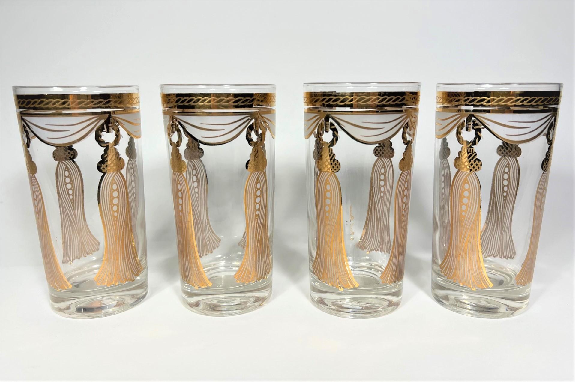 Mid century 1960s Signed set of Fred Press 22K gold glassware barware. Tassel motif. Set of 4. All glasses are signed.