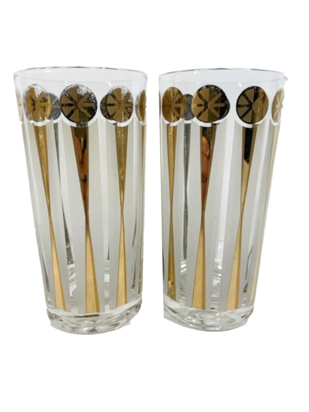 Mid-Century Modern Fred Press Atomic Highball Glasses with Two-Tone Gold and Frosted White Columns For Sale