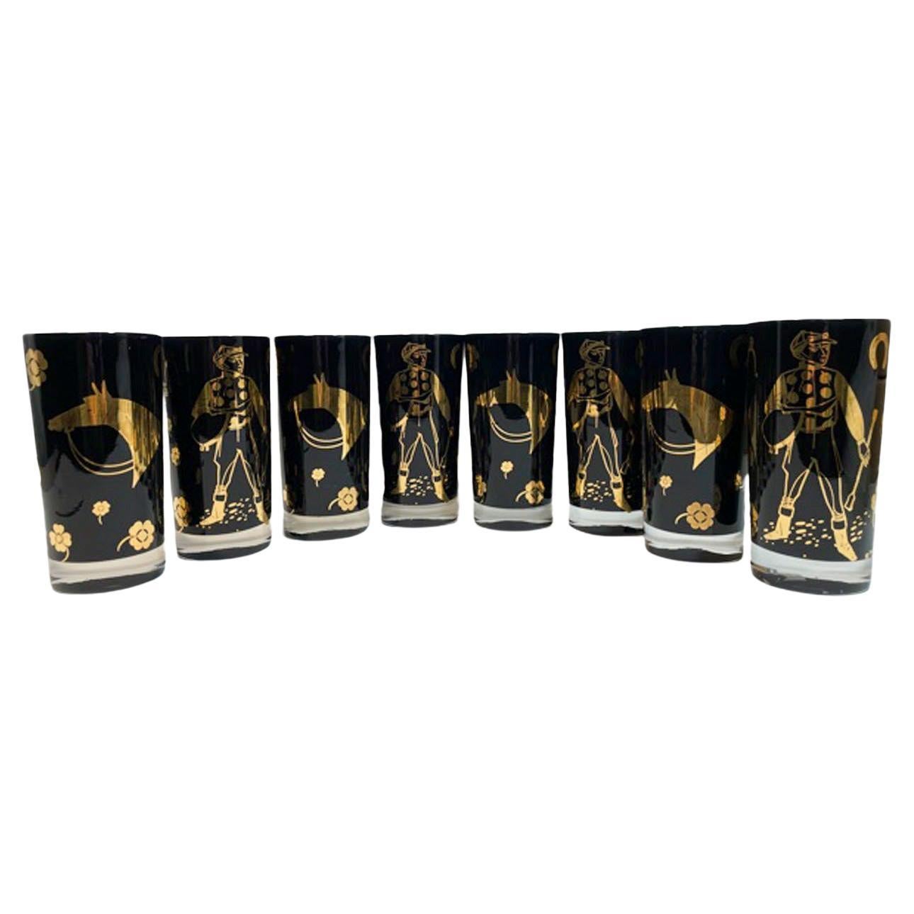 Fred Press Derby Time, 8 Highball Glasses and Pitcher w/Black Frosted Interior