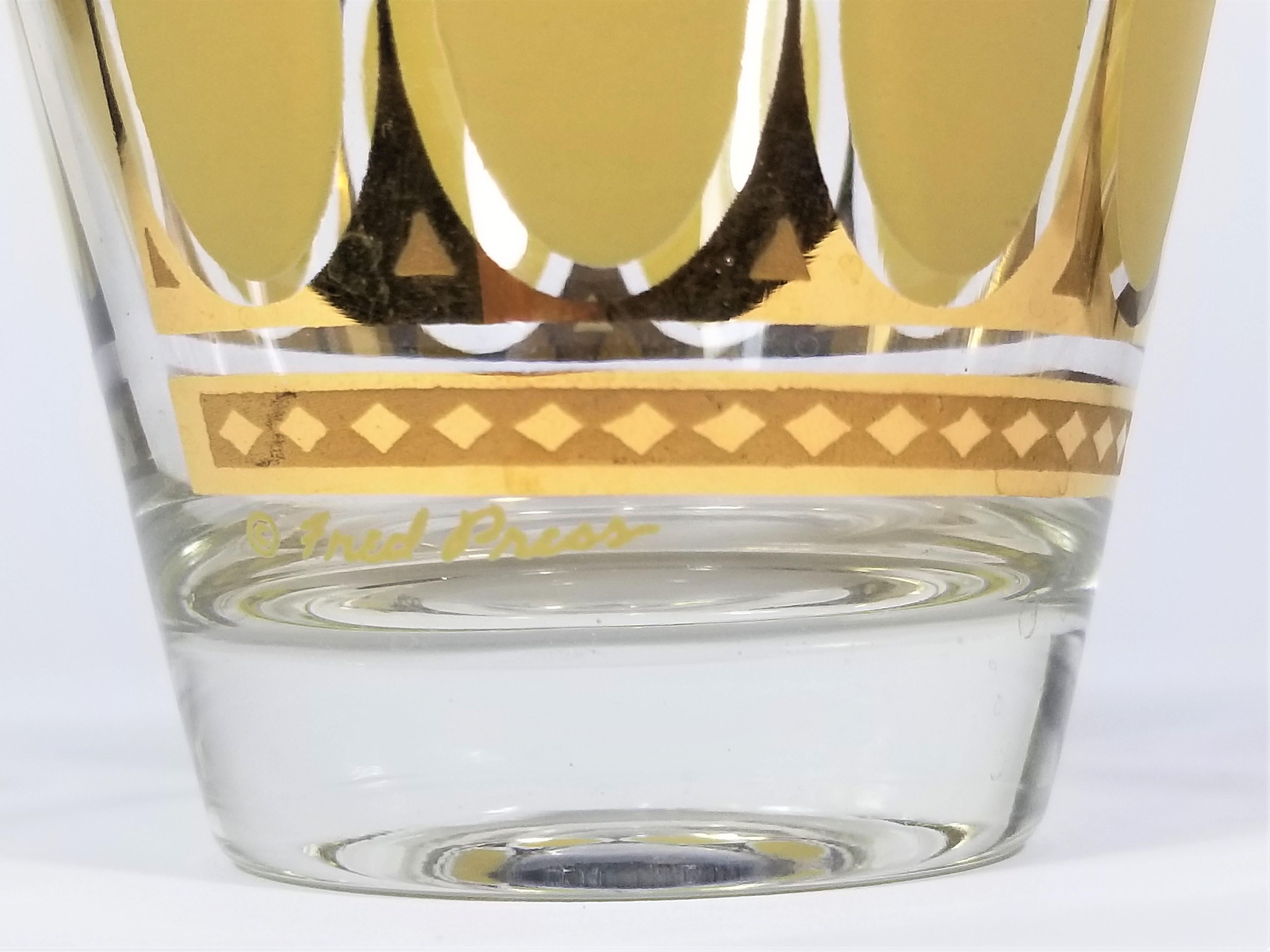 Fred Press 22K Gold 1960s Mid Century Rocks Glassware Barware Set of 8 For Sale 2