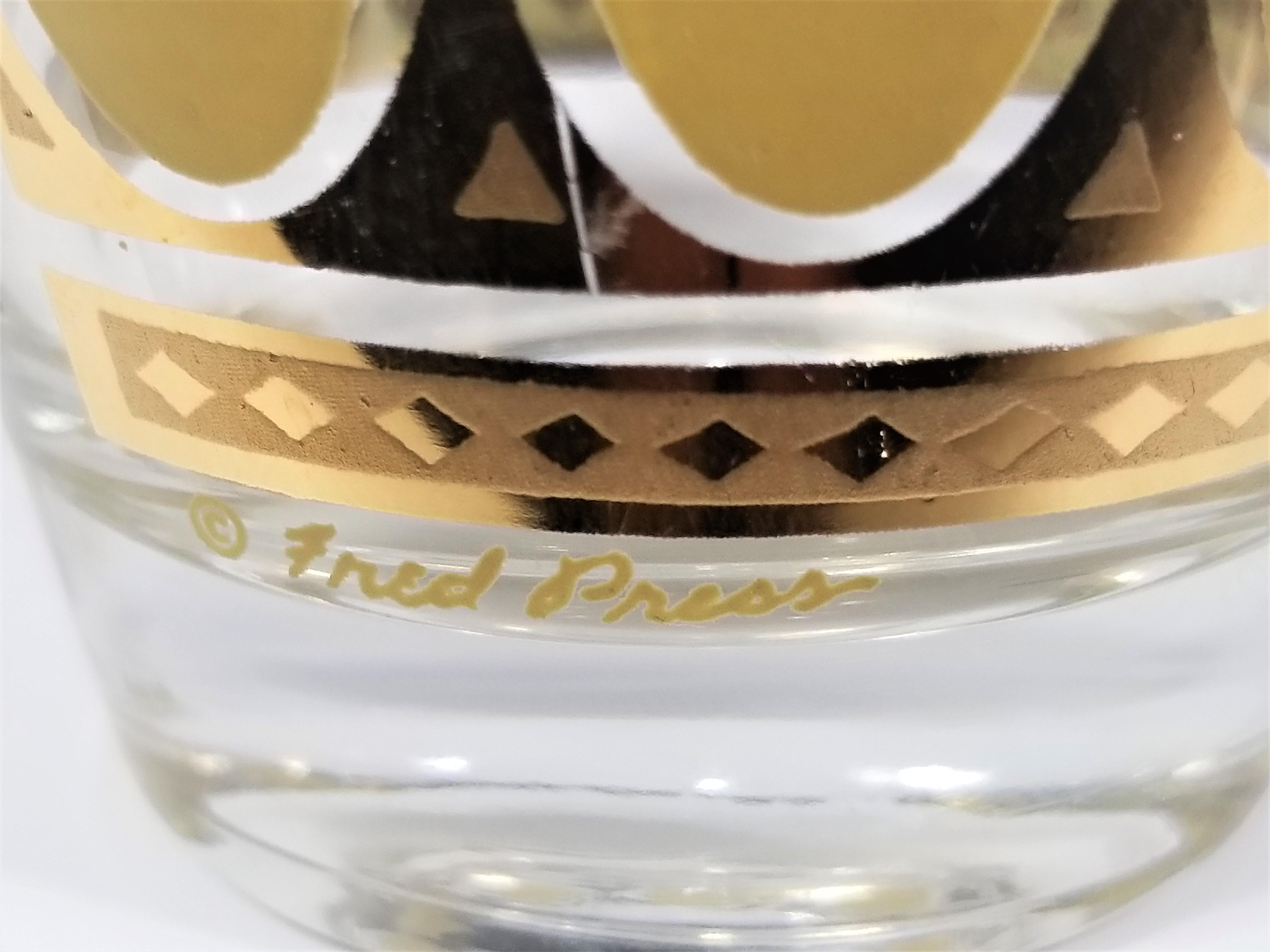 Fred Press 22K Gold 1960s Mid Century Rocks Glassware Barware Set of 8 For Sale 3