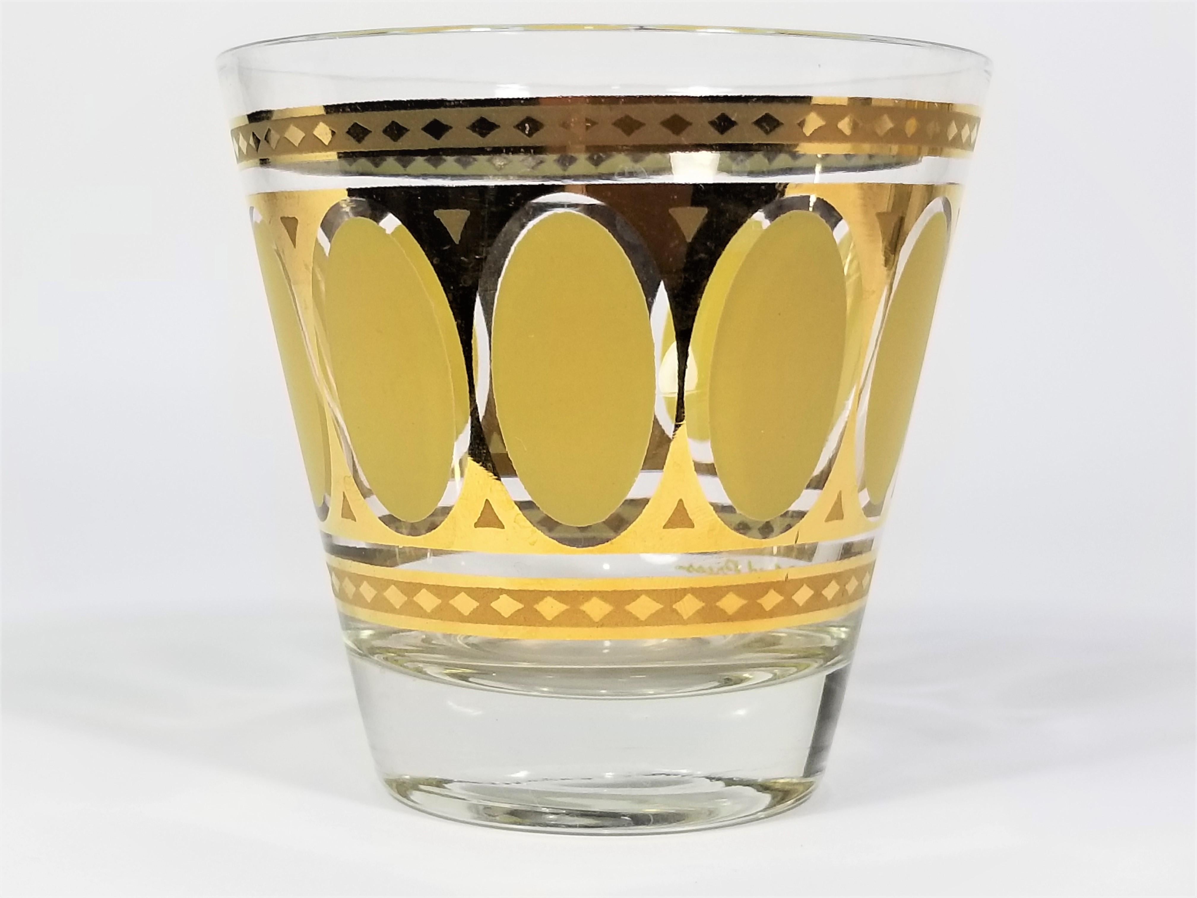 20th Century Fred Press 22K Gold 1960s Mid Century Rocks Glassware Barware Set of 8 For Sale