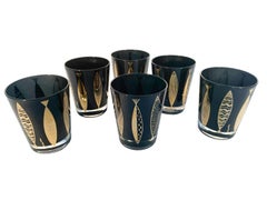 Fred Press "Gold Fish" Double Old Fashioned Glasses, 22k Gold on Black Frosted