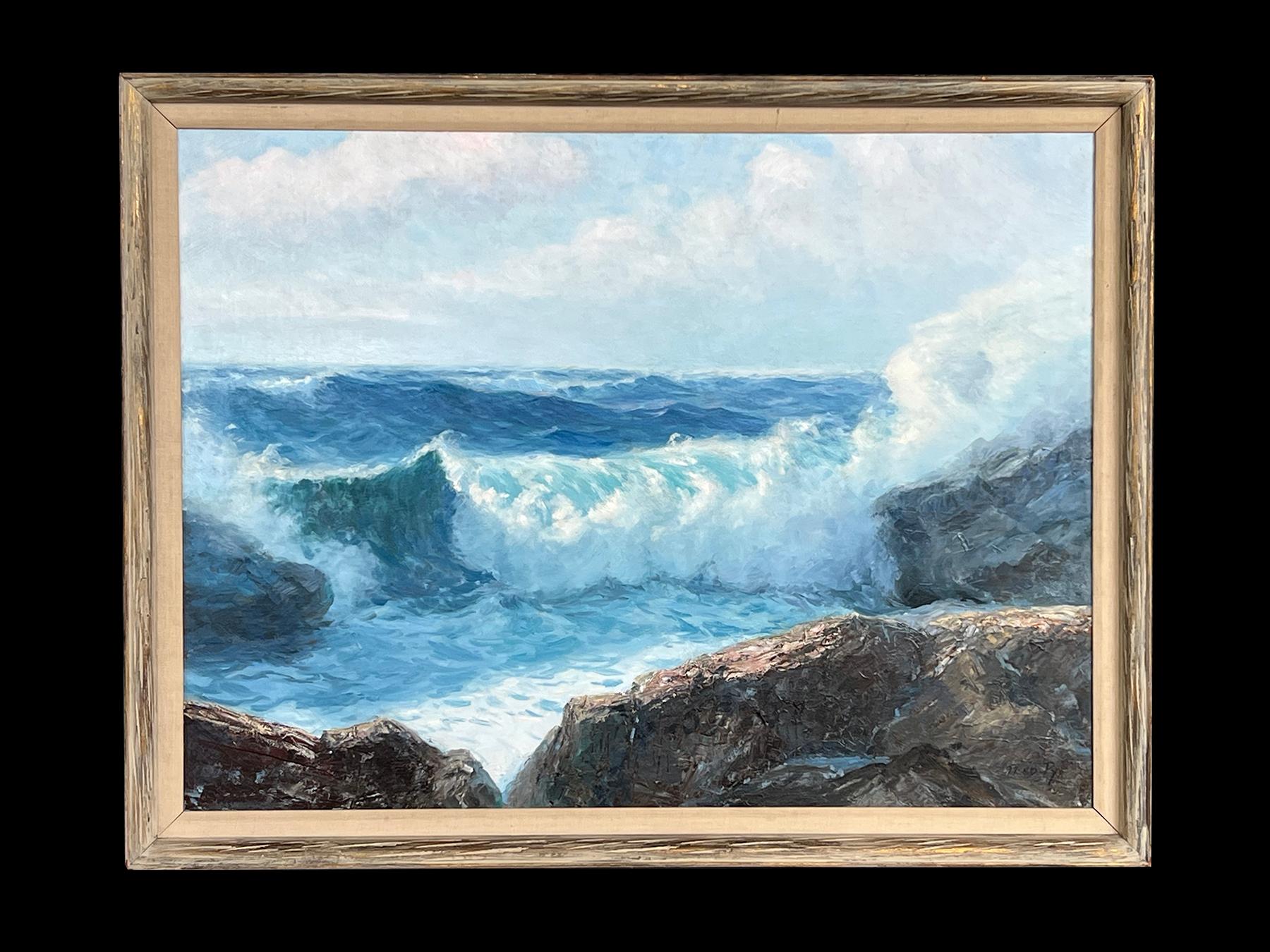 Fred Pye (né en 1882 en Angleterre et mort en 1964 à Ogunquit, ME) Huile sur toile ; grande et spectaculaire peinture de paysage marin rocheux représentant un rivage rocheux (très probablement à Ogunquit, ME) avec des vagues déferlantes et des