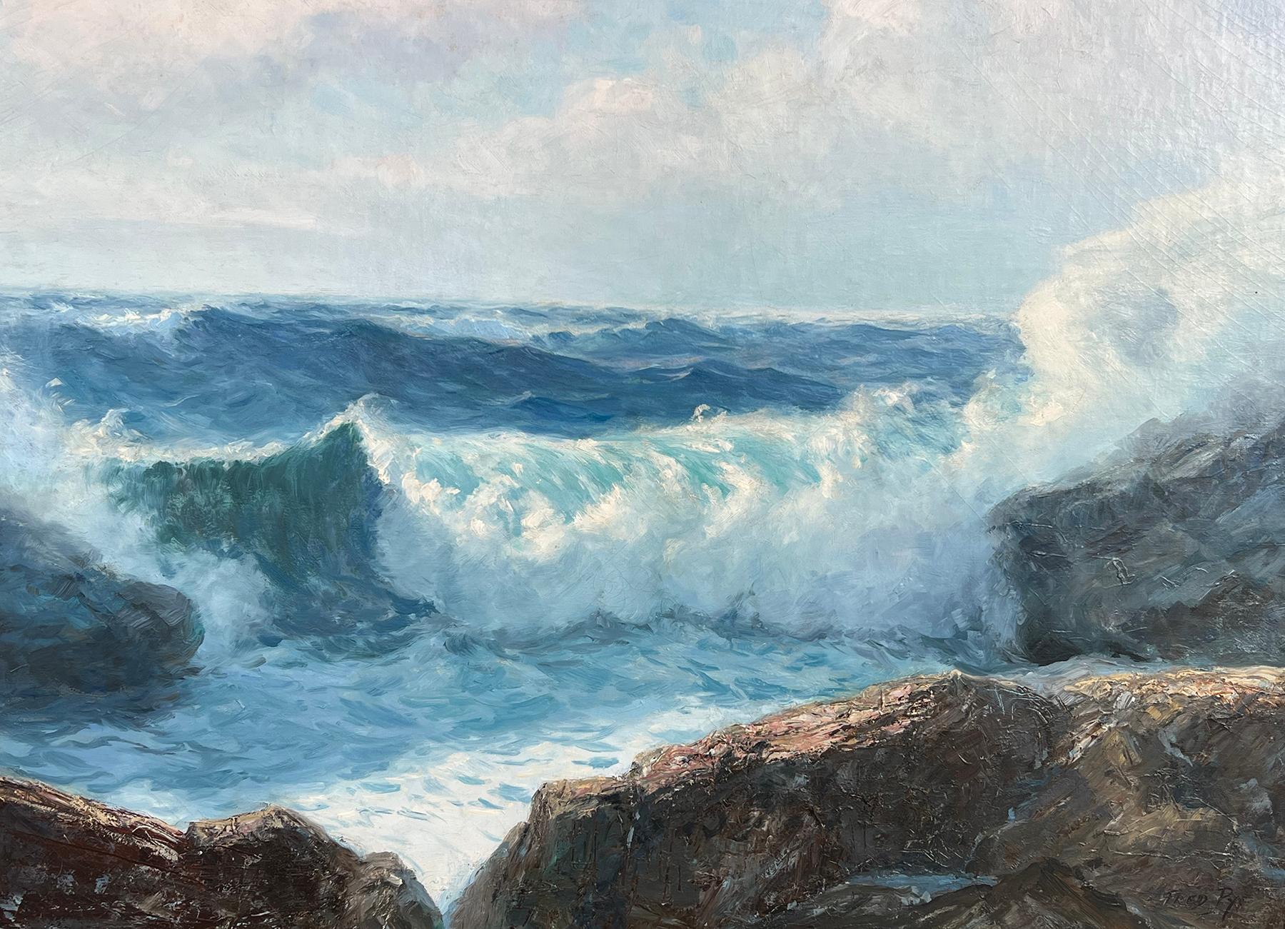 Autre Peinture signée de Fred Pye représentant un paysage marin rocheux, Maine ; huile sur toile en vente