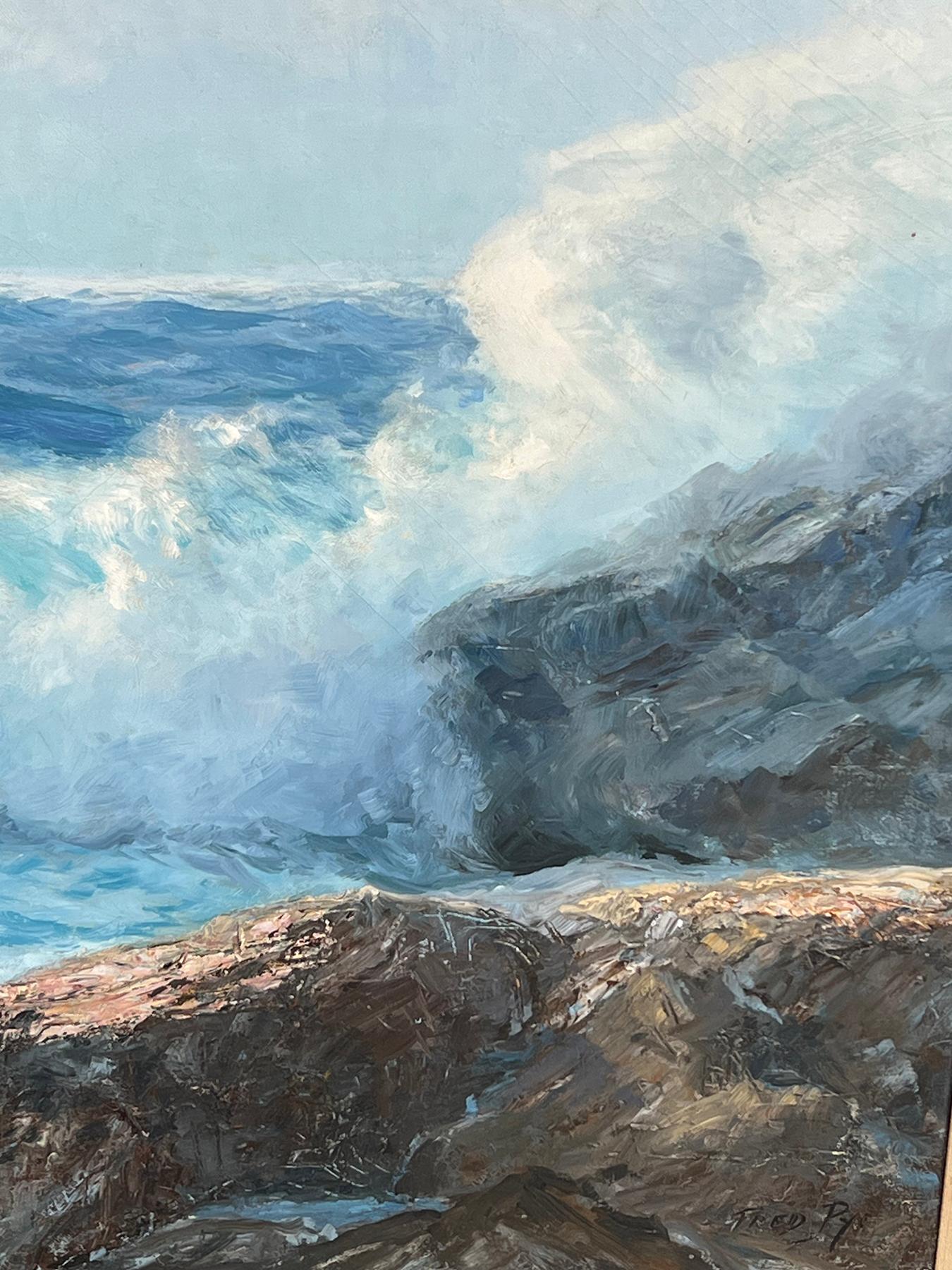 Peint à la main Peinture signée de Fred Pye représentant un paysage marin rocheux, Maine ; huile sur toile en vente