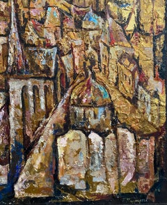Large Abstract Cityscape Jerusalem of Gold Oil Painting Jewish Modernist Judaica