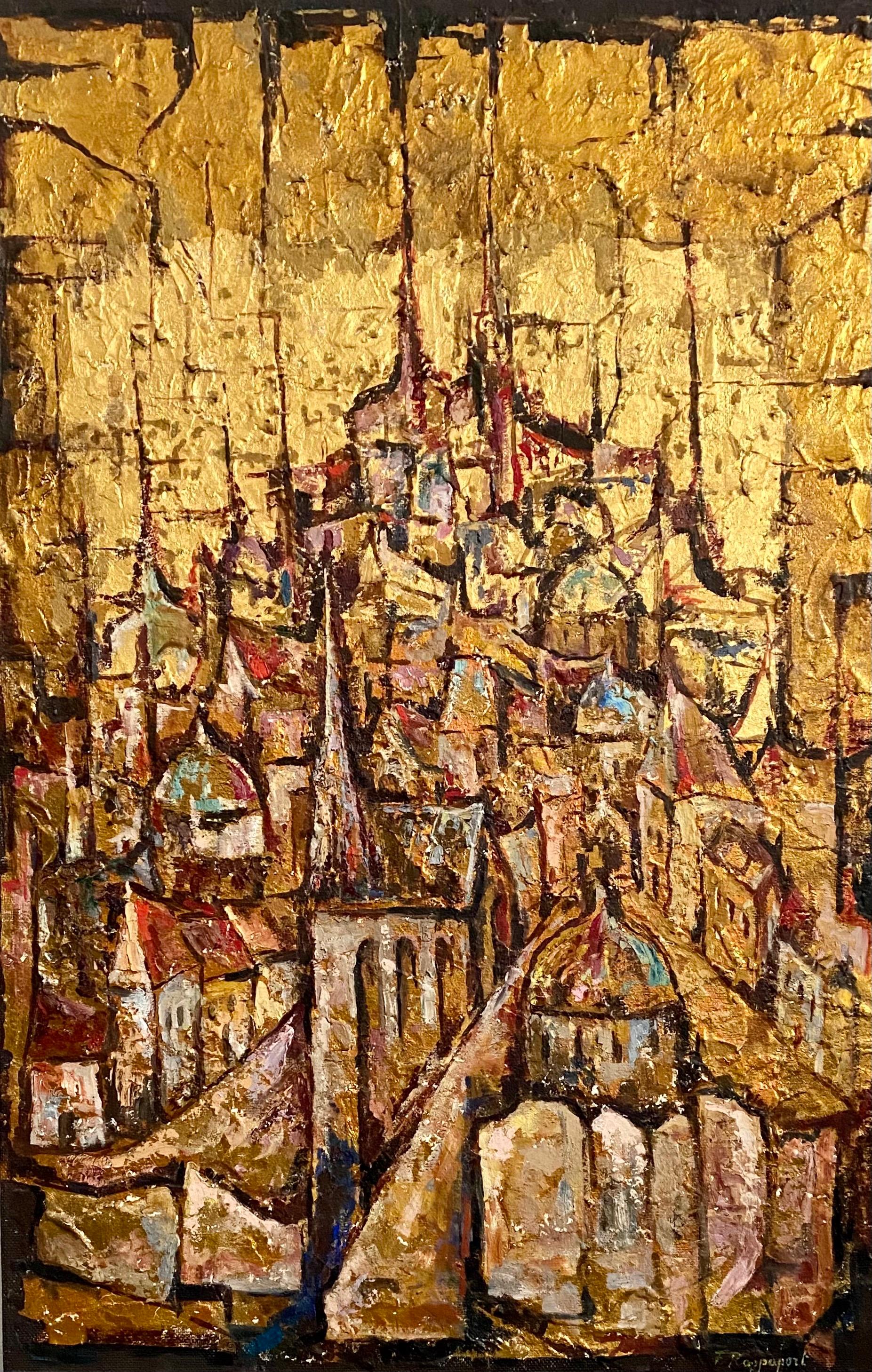 Fred Rappaport Abstract Painting - Large Abstract Cityscape Jerusalem of Gold Oil Painting Jewish Modernist Judaica