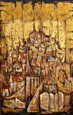 Large Abstract Cityscape Jerusalem of Gold Oil Painting Jewish Modernist Judaica