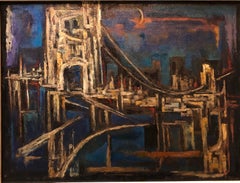 Large Abstract Cityscape NYC Bridge scene Oil Painting Jewish Modernist