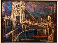 Large Abstract Cityscape NYC Bridge scene Oil Painting Jewish Modernist