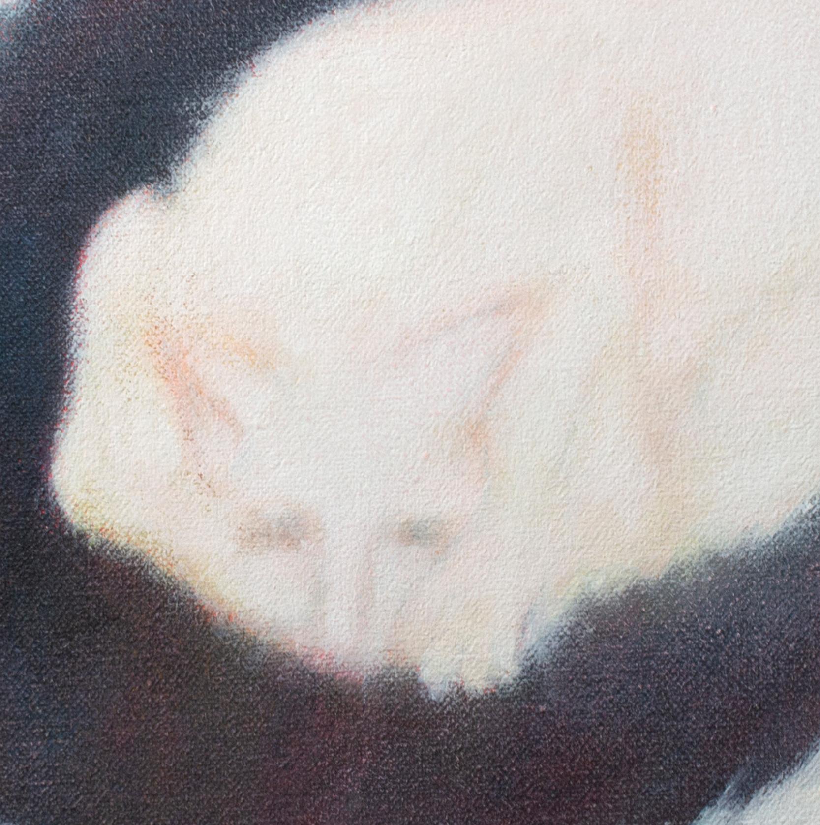 Original signiertes Alkyd-Gemälde auf Leinwand „Black Mat“, weiße Katze, schlafend im Angebot 2