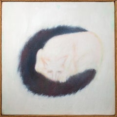 'Black Mat' original signed alkyd on canvas painting of white cat sleeping