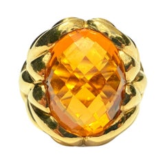 "Fred" Signed 15 Carat Orange Citrine Oval Checkerboard Cut 18k Yellow Gold Ring