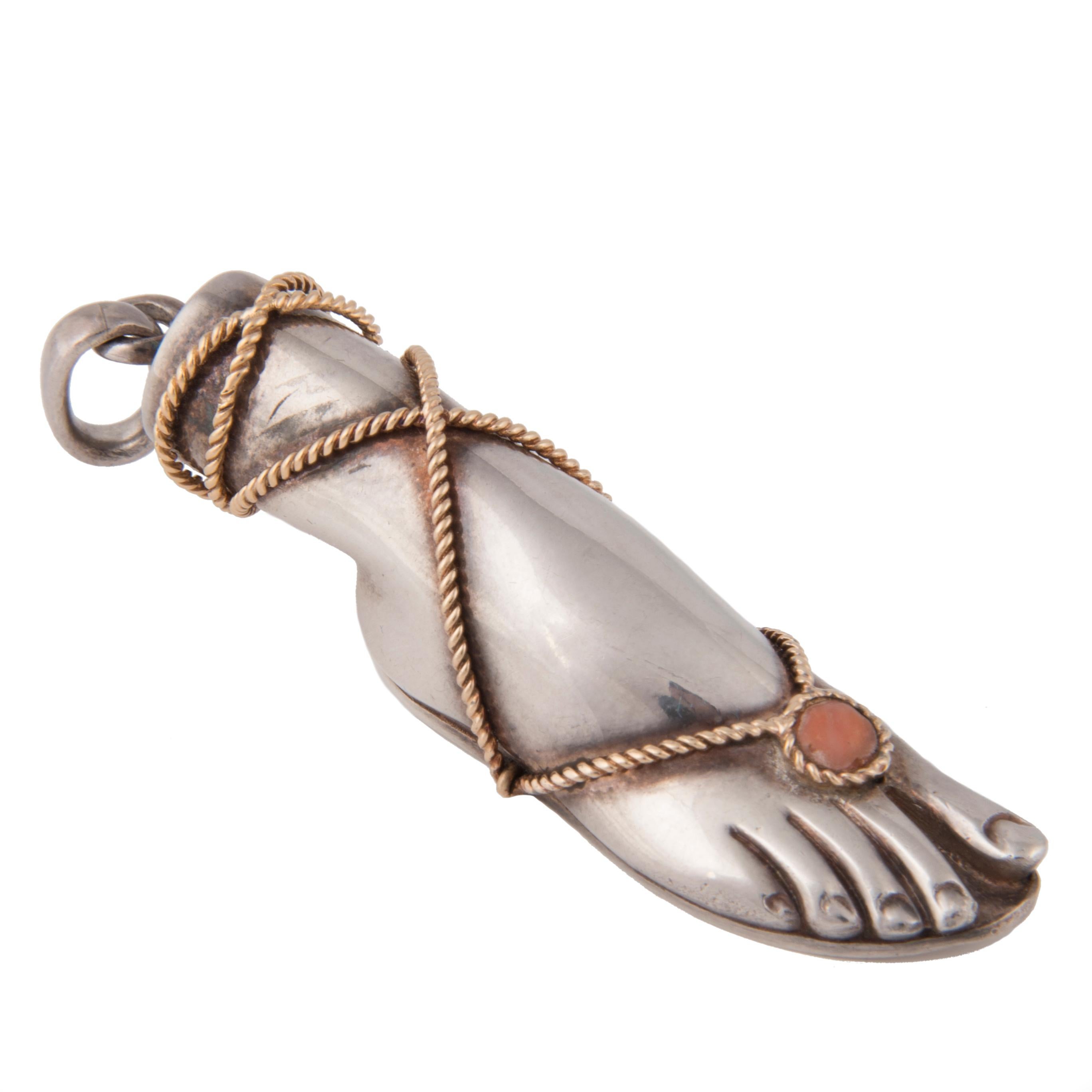 Fred Silver and 18k Yellow Gold Foot Pendant In Good Condition For Sale In London, GB